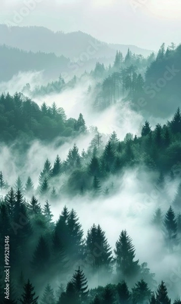 Fototapeta A misty forest with tall trees. AI.