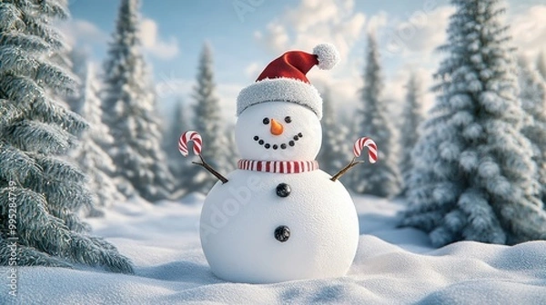 Fototapeta A snowman in a scenic snowy forest with pine trees surrounding it, decorated with festive accessories like a Christmas hat and candy cane arms
