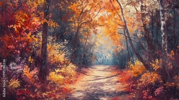 Fototapeta An enchanting walk through a peaceful autumn forest path, where the fiery colors of fall foliage create a serene and calming atmosphere