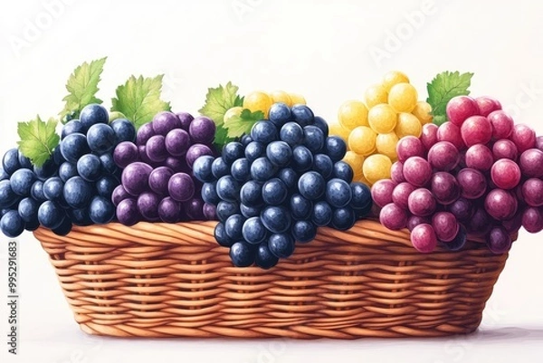 Fototapeta Wicker basket overflowing with freshly picked red green and blue grapes