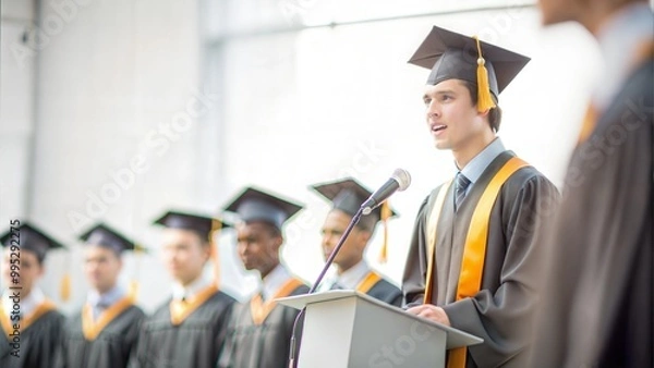 Obraz Valedictorian young student man giving graduation speech to other graduated people from the year group while wearing traditional college regalia and gown