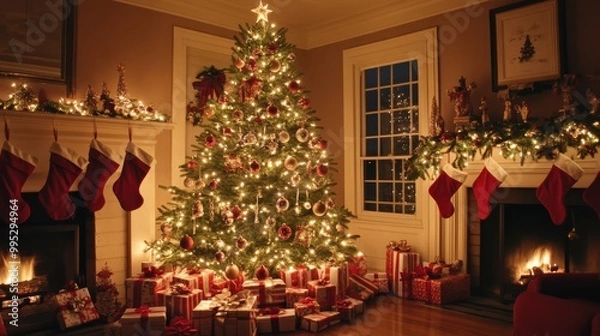 Fototapeta A beautifully decorated Christmas tree with sparkling ornaments and twinkling lights, surrounded by neatly wrapped gifts, stockings hung by the fireplace, and a warm festive atmosphere