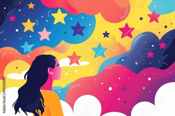 Fototapeta A woman is looking up at a starry sky with a thought bubble above her head, generative ai image