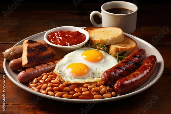 Fototapeta English Breakfast with sausages, grilled tomatoes, egg, bacon, beans and bread on plate