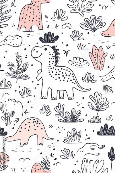 Fototapeta Adorable line art dinosaurs in a whimsical seamless pattern