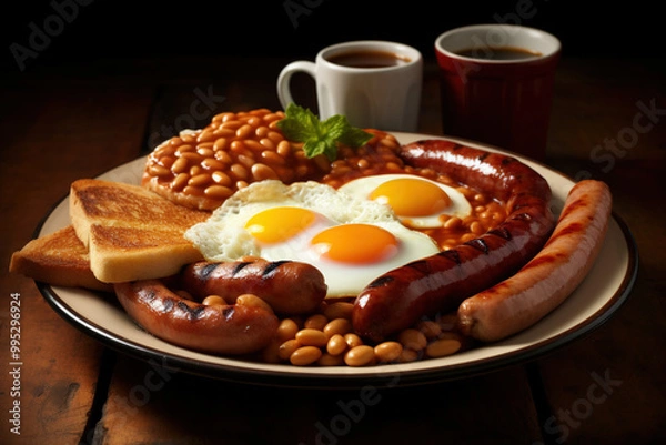 Fototapeta English Breakfast with sausages, grilled tomatoes, egg, bacon, beans and bread on plate