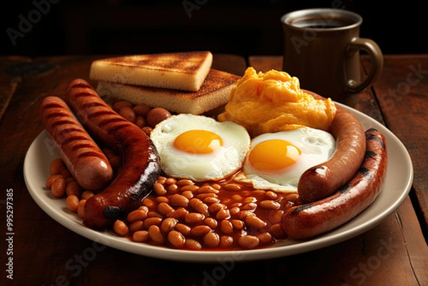 Fototapeta English Breakfast with sausages, grilled tomatoes, egg, bacon, beans and bread on plate