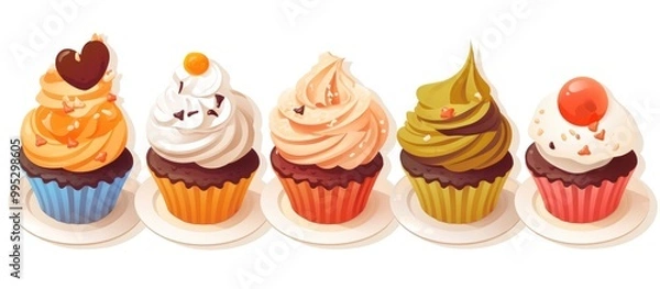 Fototapeta Illustration of decorated cupcakes with creamy frosting arranged on a plate against a white backdrop