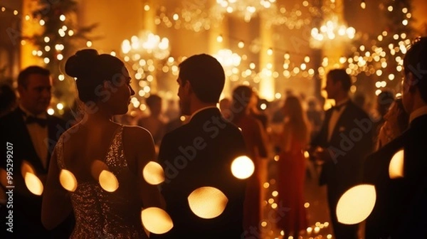 Fototapeta a christmas party with elegant people mingling and having conversations under a warm ambient light. The banquet hall is full of people. Happy New Year and Merry Christmas event