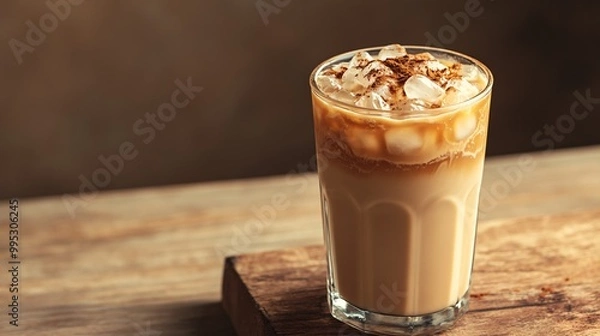 Fototapeta Iced coffee with cinnamon and ice cubes in a tall glass on a wooden surface.
