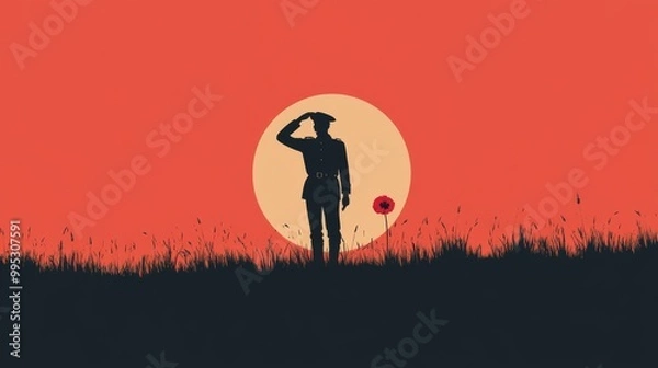 Fototapeta A man in a military uniform stands in a field with a poppy in his hand