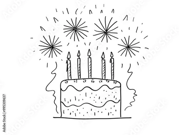 Fototapeta Lifes Journey: Celebrating Milestones with Cake and Fireworks in Elegant Single-Line Drawing