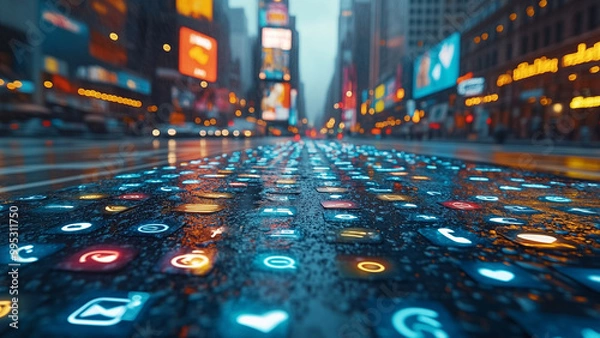 Fototapeta Using social media via smartphone ,internet of things, network icon connection, social marketing, digital online ,information technology using symbols and expressing feelings