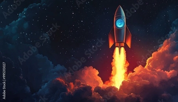 Fototapeta Fantasy illustration of a rocket with ample space for startup business and cryptocurrency advertising EPS 10