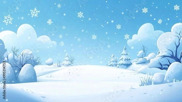 Fototapeta Snowy Christmas scene featuring gentle falling snowflakes and stars on a light blue winter background Charming and whimsical 2D cartoon illustration