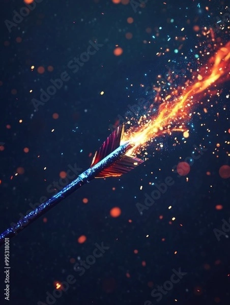 Fototapeta VFX arrow effect featuring vibrant light trails sparkles and a realistic spell blast in motion Fantasy weapon effect illustrated in 2D against a dark backdrop
