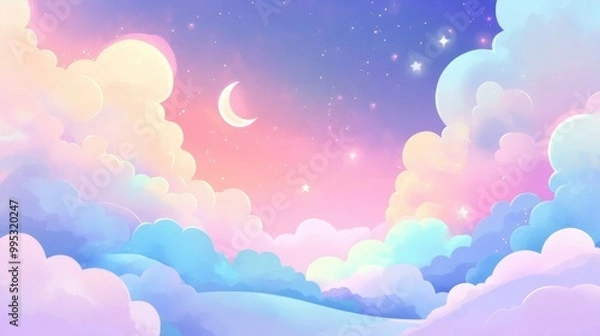 Fototapeta Colorful unicorn backdrop featuring clouds and stars in a pastel sky Enchanting landscape with an abstract whimsical design perfect for a delightful candy themed wallpaper 2D illustration