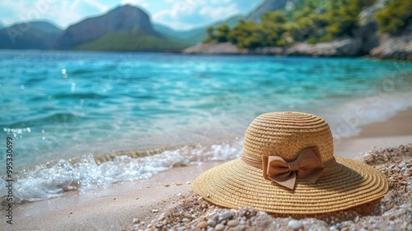 Obraz Women's Straw Hat with Chic Bow on the Beach. Hat on blurred sea and mountain background. Summer beach holiday concept. End of summer vacations. Traveling. Dreaming of a seaside vacation