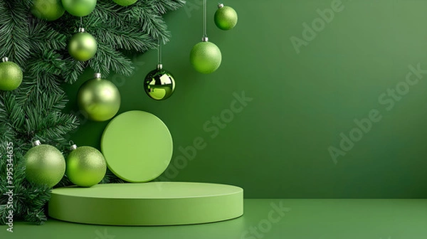 Fototapeta Green Festive Scene with Ornaments and Display Platform