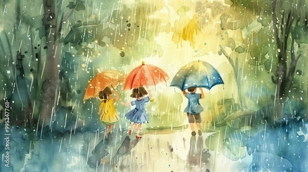 Fototapeta Three children are walking in the rain, each holding an umbrella