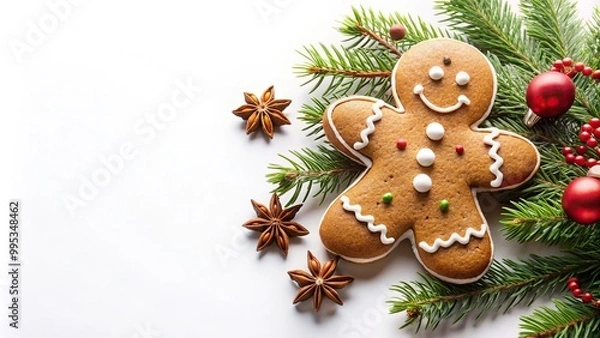 Obraz Delicious gingerbread cookie with festive decorations on white background