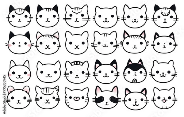 Fototapeta Set of cute cat face illustrations, line drawings
