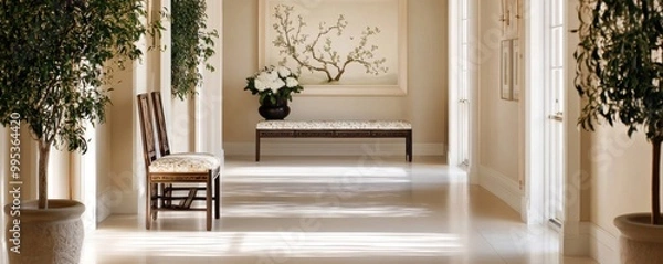 Fototapeta A serene hallway featuring potted plants, elegant artwork, and wooden furniture, creating a tranquil atmosphere.