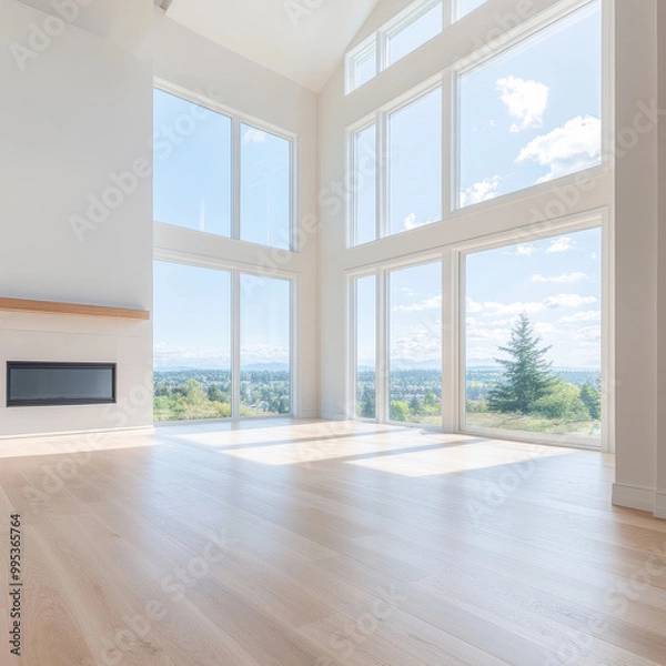 Fototapeta A large open living room with a fireplace and a view of the mountains