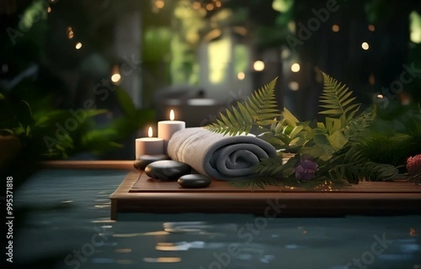 Fototapeta A rolled towel, two candles, and smooth stones rest on a wooden tray beside lush greenery and blurred lights.