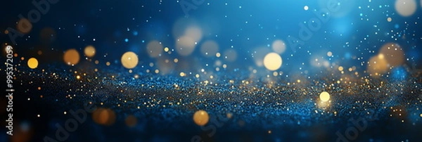 Fototapeta Gorgeous and luxurious background strewn with golden glitter against a dark blue background. Sparkling particles, shining gold bokeh. celebration, party, event, christmas, new year, year-end, card bg.