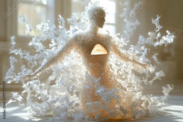 Fototapeta A digital figure with a hollow body surrounded by swirling shadows representing the emptiness felt with eating disorders