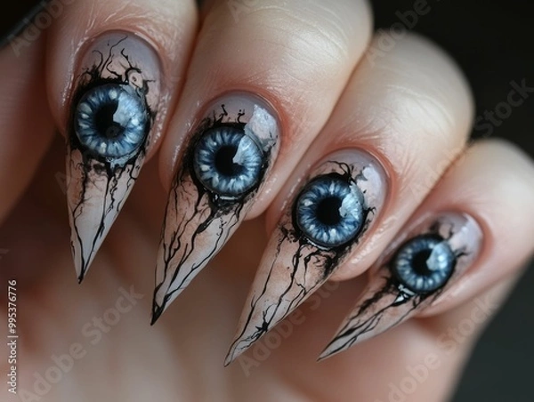 Fototapeta A creative nail art design featuring elongated nails with intricate eye patterns and dark veins, showcasing a unique gothic aesthetic.