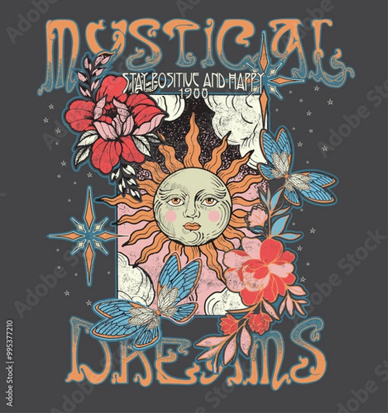 Obraz MYSTICAL DREAMS.Retro 70's psychedelic hippie element illustration print with groovy slogan for man - woman graphic tee t shirt or sticker poster - Vector