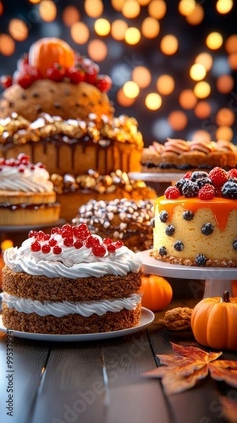 Obraz Delicious Cakes with Autumn Decor and Bokeh Background