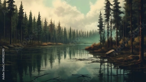 Fototapeta A serene landscape featuring a calm river surrounded by pine trees and soft clouds.