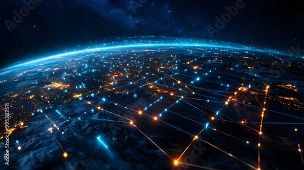 Fototapeta Planet Earth, city lights and cellular digital network growing binary data. 