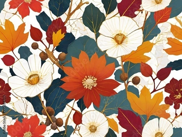 Fototapeta デザイン向けのフローラルパターンと秋の葉模様