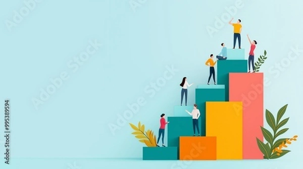 Fototapeta People climbing colorful steps symbolizing growth and success.