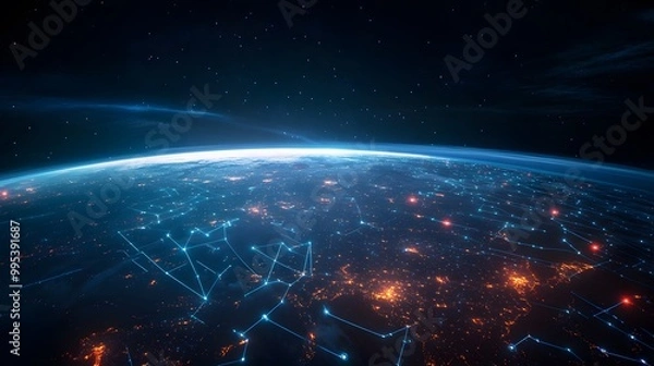 Fototapeta Planet Earth, city lights and cellular digital network growing binary data. 