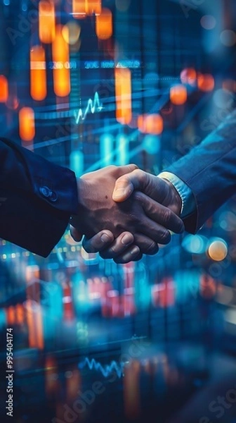 Fototapeta A handshake symbolizing partnership with financial graphs in the background.