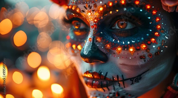 Fototapeta Closeup Illustration of a Woman's Face with Glittery Makeup and Bokeh Lights