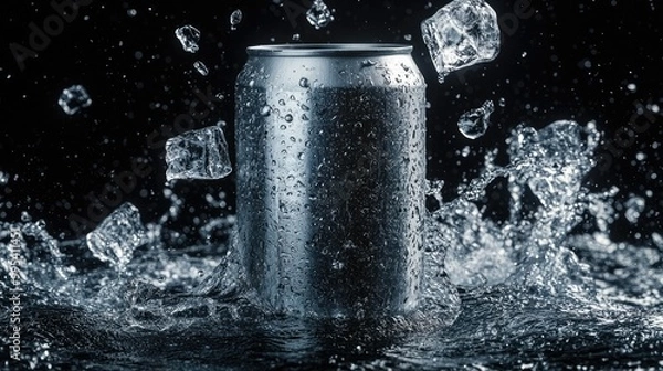 Fototapeta A floating aluminum can surrounded by splashing water and ice cubes, set against a dramatic black background.