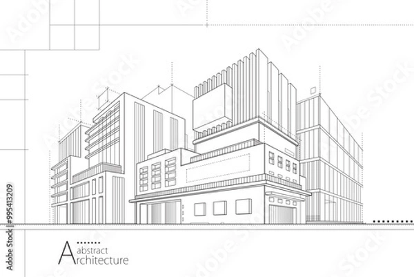 Fototapeta 3D illustration abstract urban building out-line drawing of imagination architecture building construction design.