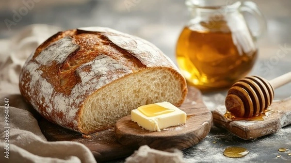 Fototapeta A fresh loaf of sourdough bread with a crispy golden crust, served with butter and honey.
