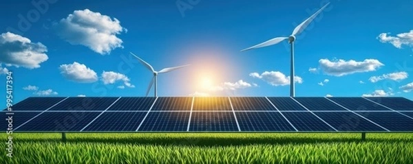 Fototapeta A vibrant scene showcasing solar panels and wind turbines under a bright blue sky with fluffy clouds and a setting sun.