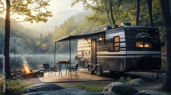 Obraz A modern travel trailer with a BBQ grill outside, ready for a meal at a scenic campsite