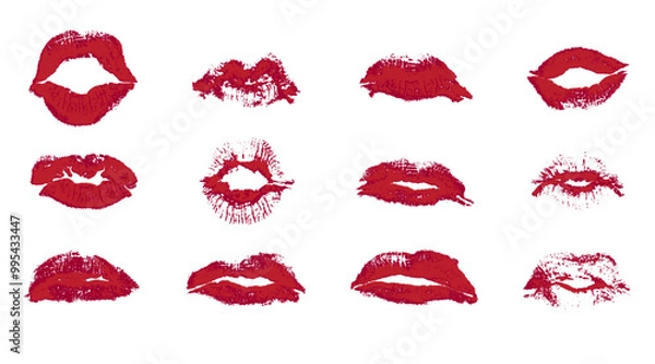 Obraz Set imprint kiss lip on white background. Realistic print in red color. Human lips. Vector illustration