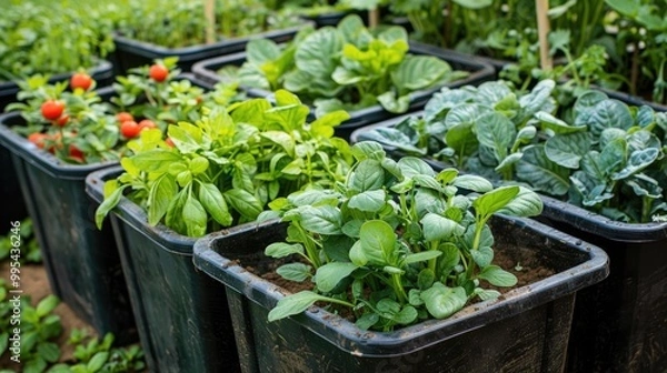 Fototapeta Growing vegetables together in big containers
