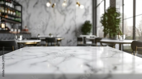Fototapeta White marble table in a blurry cafe or restaurant interior