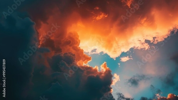 Fototapeta Vivid orange clouds in dramatic twilight sky